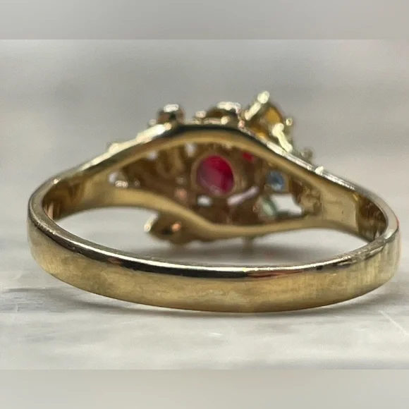 Vintage Gold plated MultiGemstone Ring 7 Ruby Red Citrine Blue Green Leaf Design - Picture 5 of 13